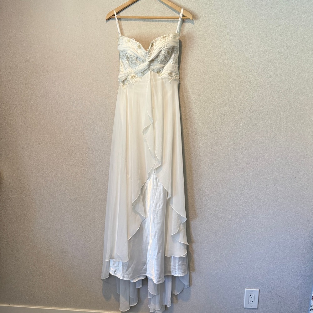 Destinations by Mon Cheri Ivory Gold Lace Chiffon Strapless Wedding Dress 8